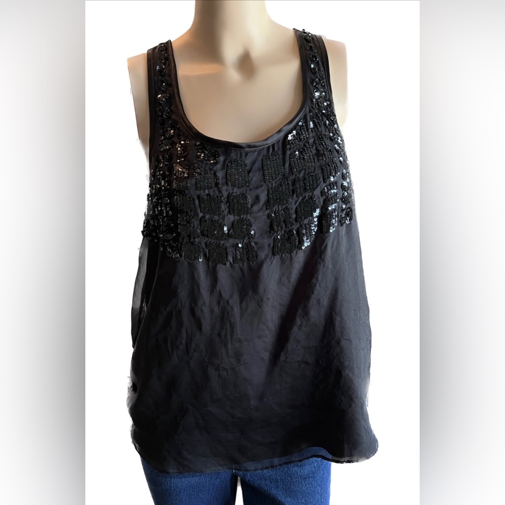 Black flowy chiffon top with sparkle detail and zipper back. Fits like a medium